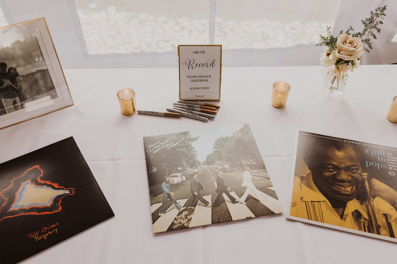 music-themed wedding style with vinyl records for guest book