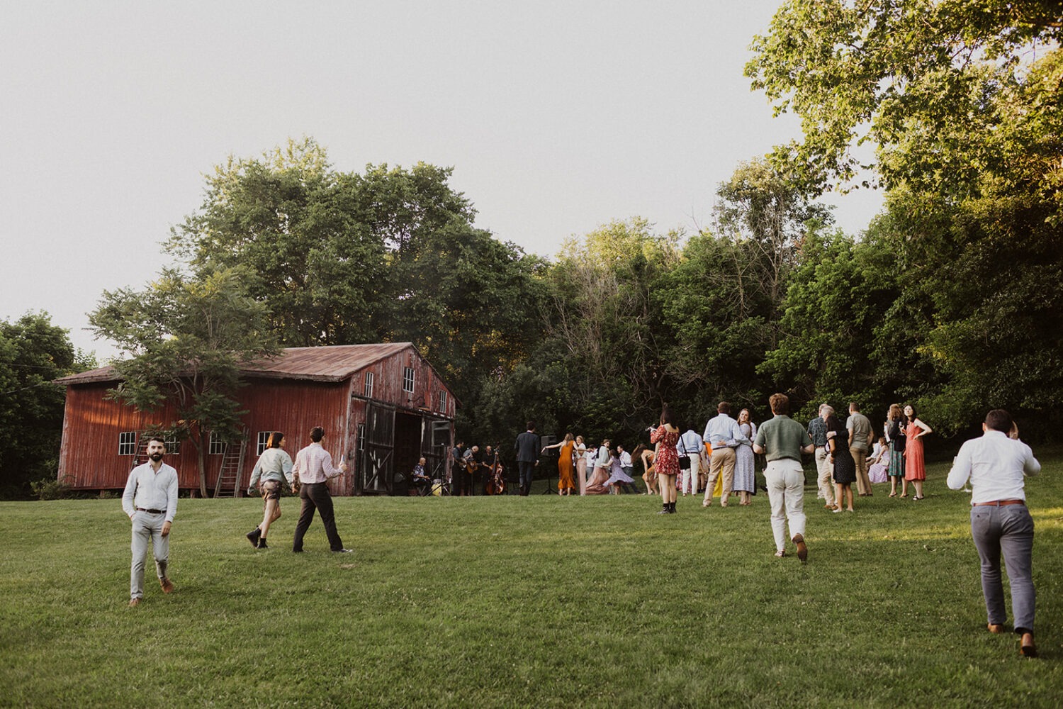 guests walk through grass and join dancing pulling from barn wedding ideas