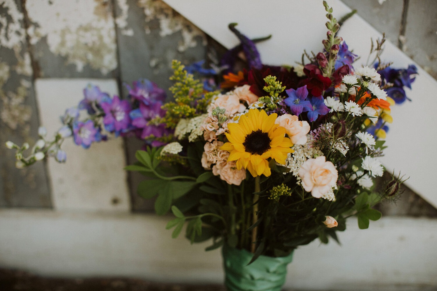 wildflower bouquet at rustic wedding