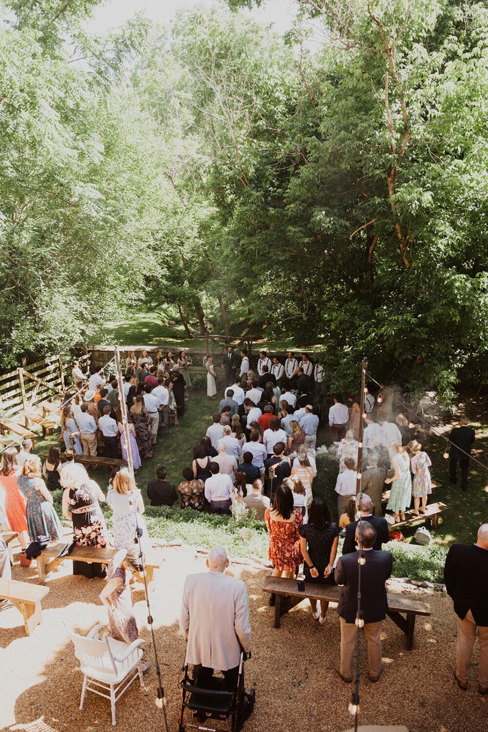 overhead look of outdoor garden wedding ceremony