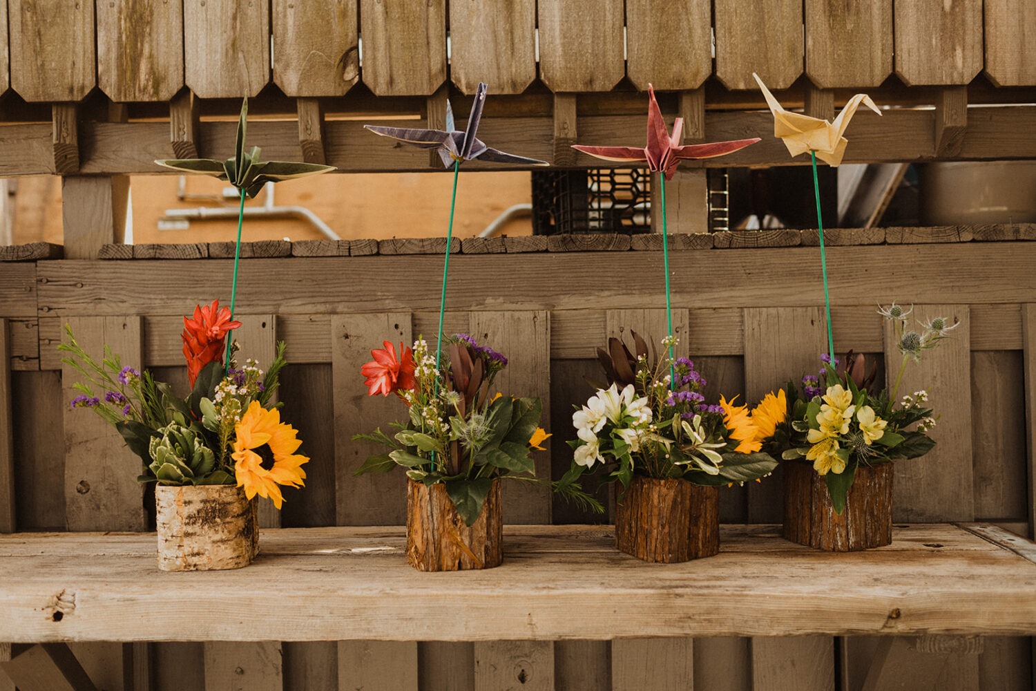 paper cranes in flowers for summer wedding decor