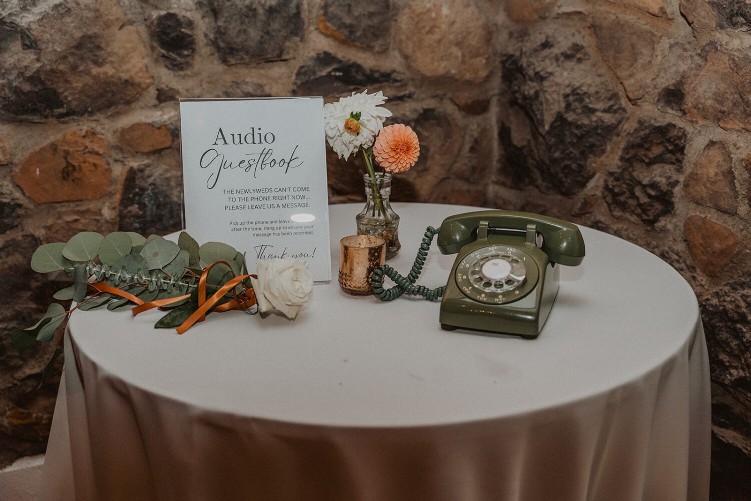 audio guestbook vintage phone on table at wedding reception