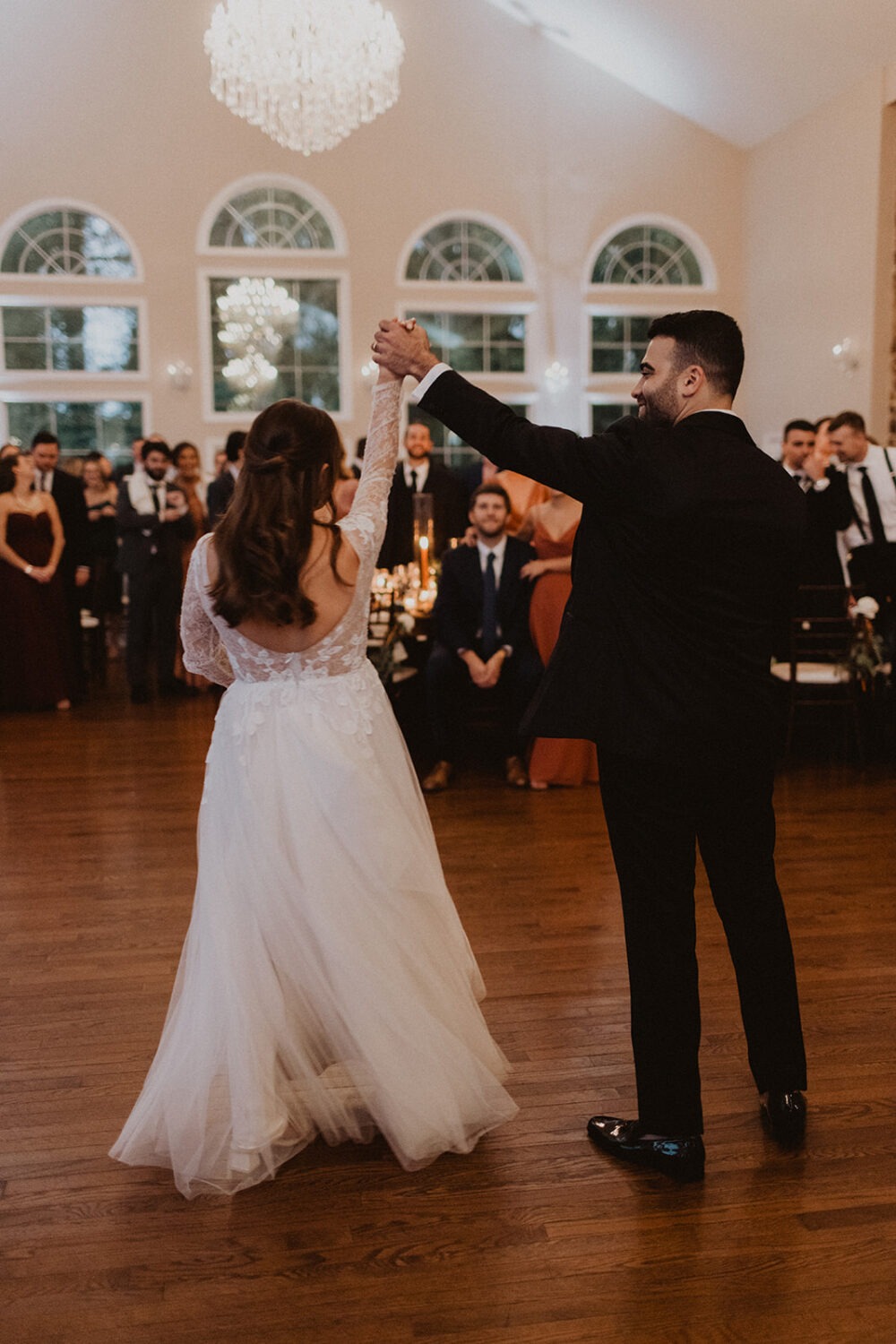 couple dances on reception floor at Virginia wedding venue