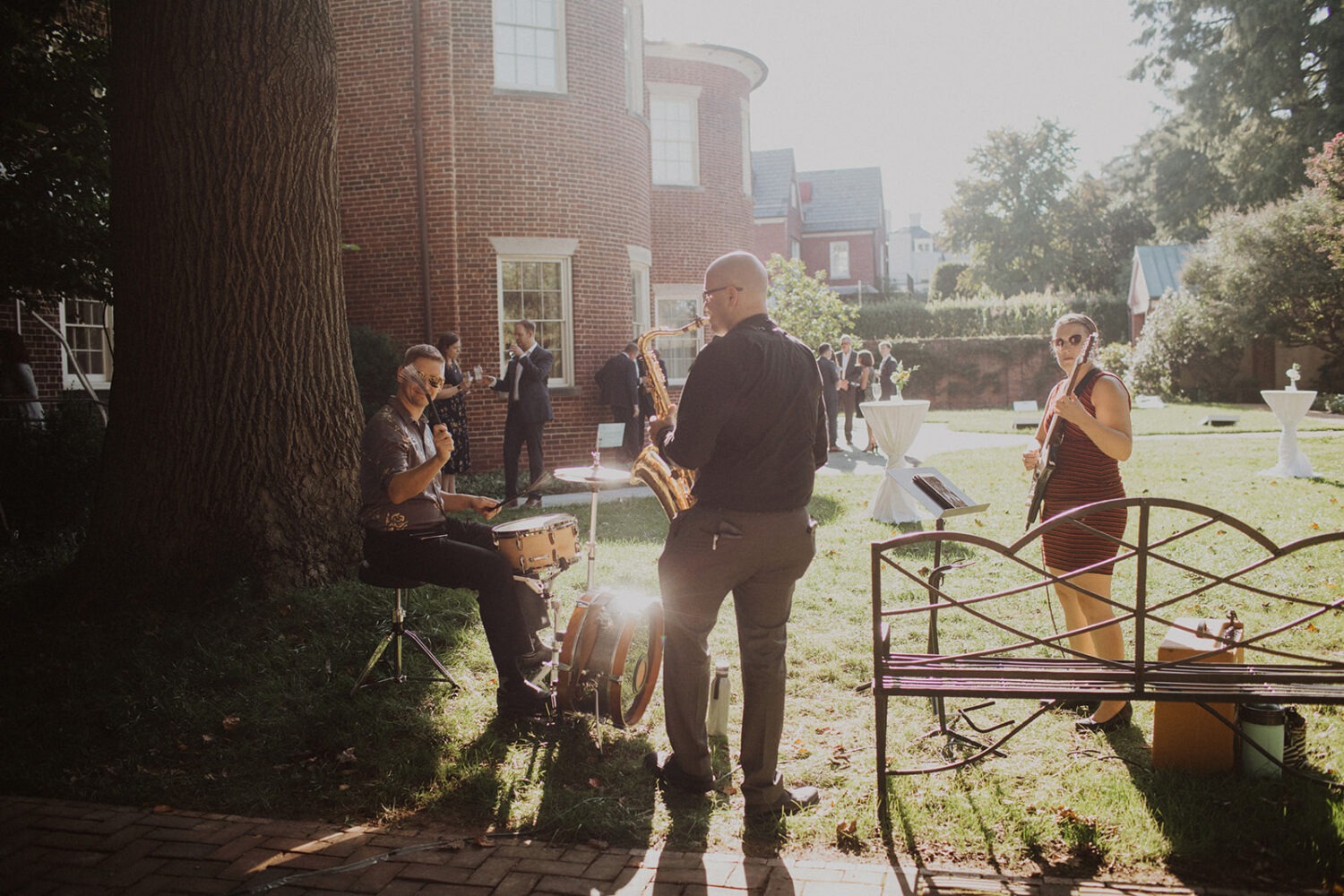 band plays at backyard garden wedding 