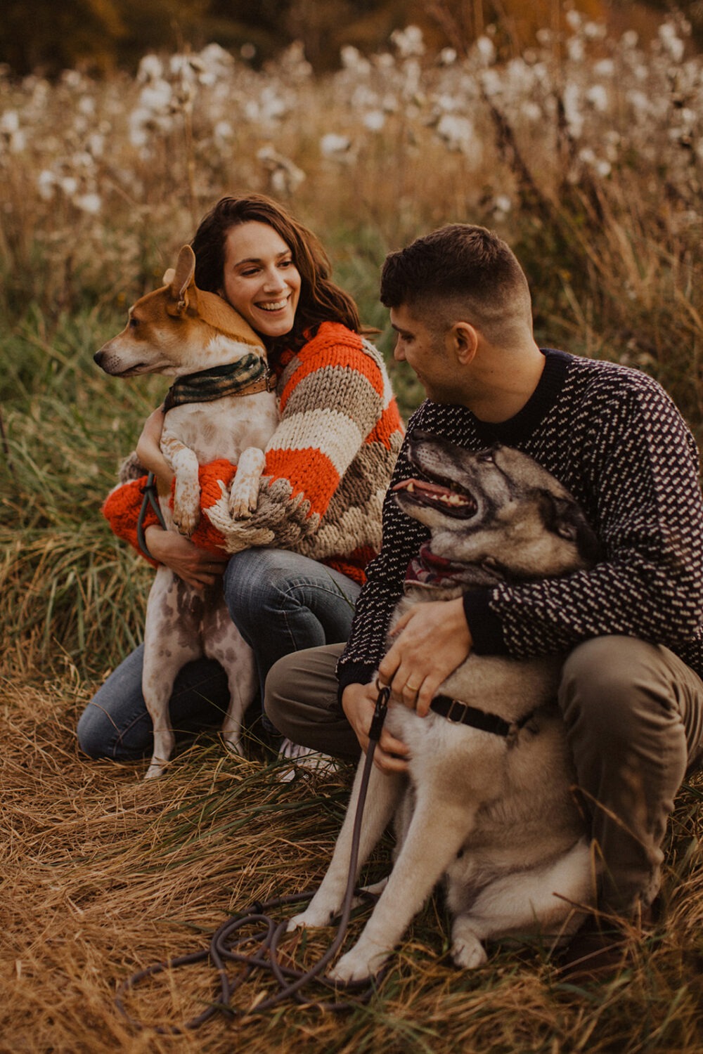 couple holds dogs in field at sunset engagement session