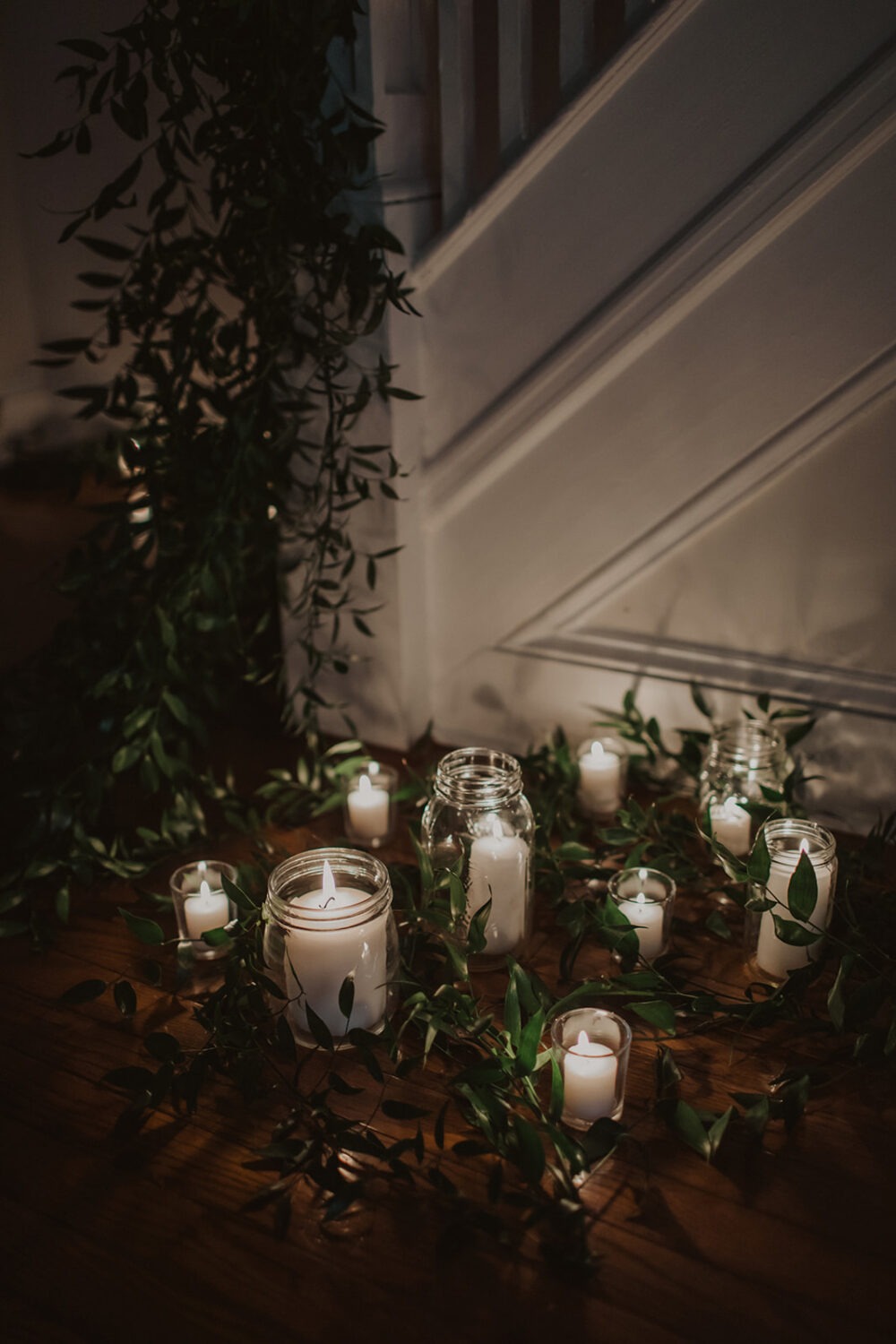 greenery and candle decor at DIY wedding