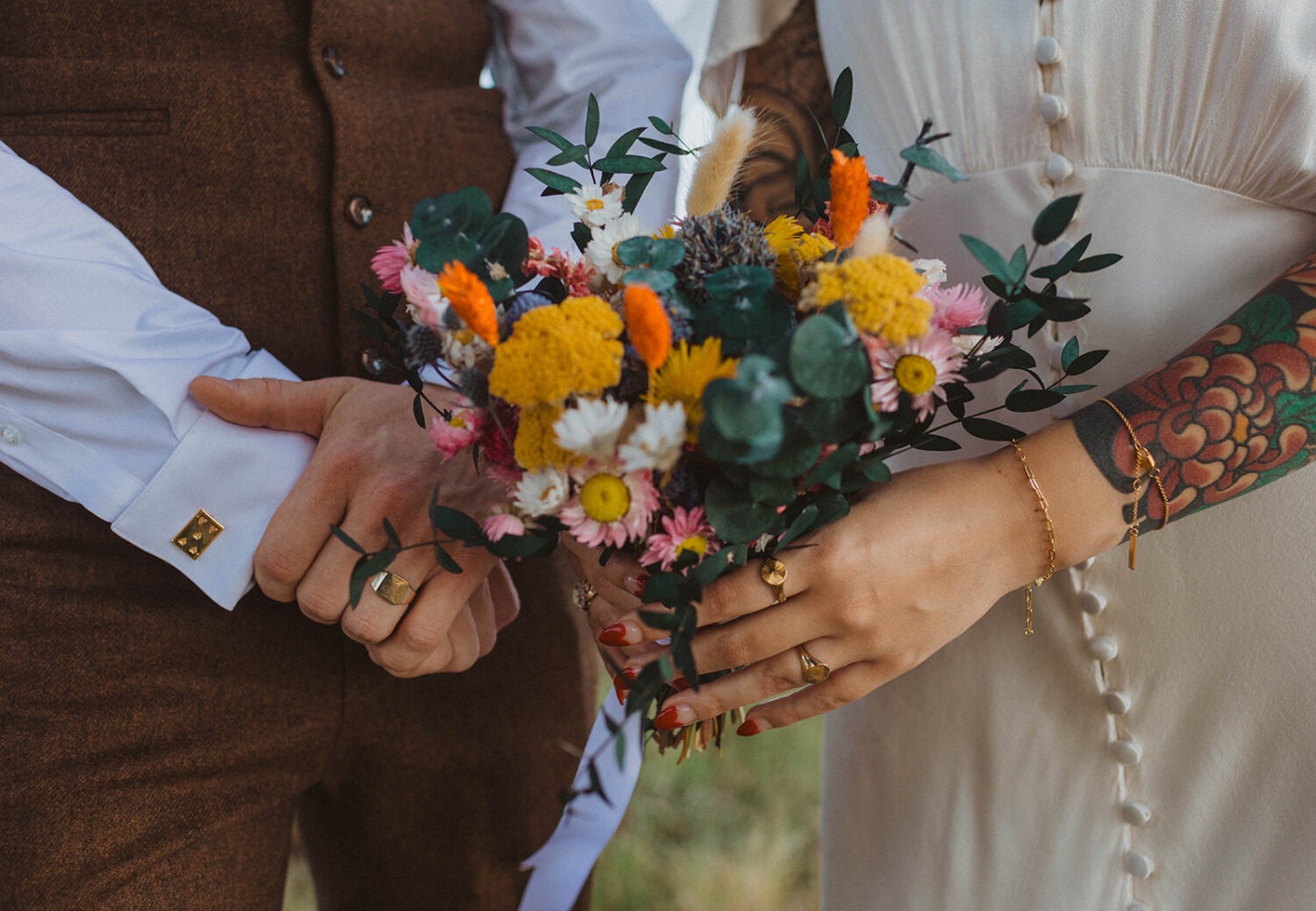 dried wildflower bouquet captured by film wedding photography