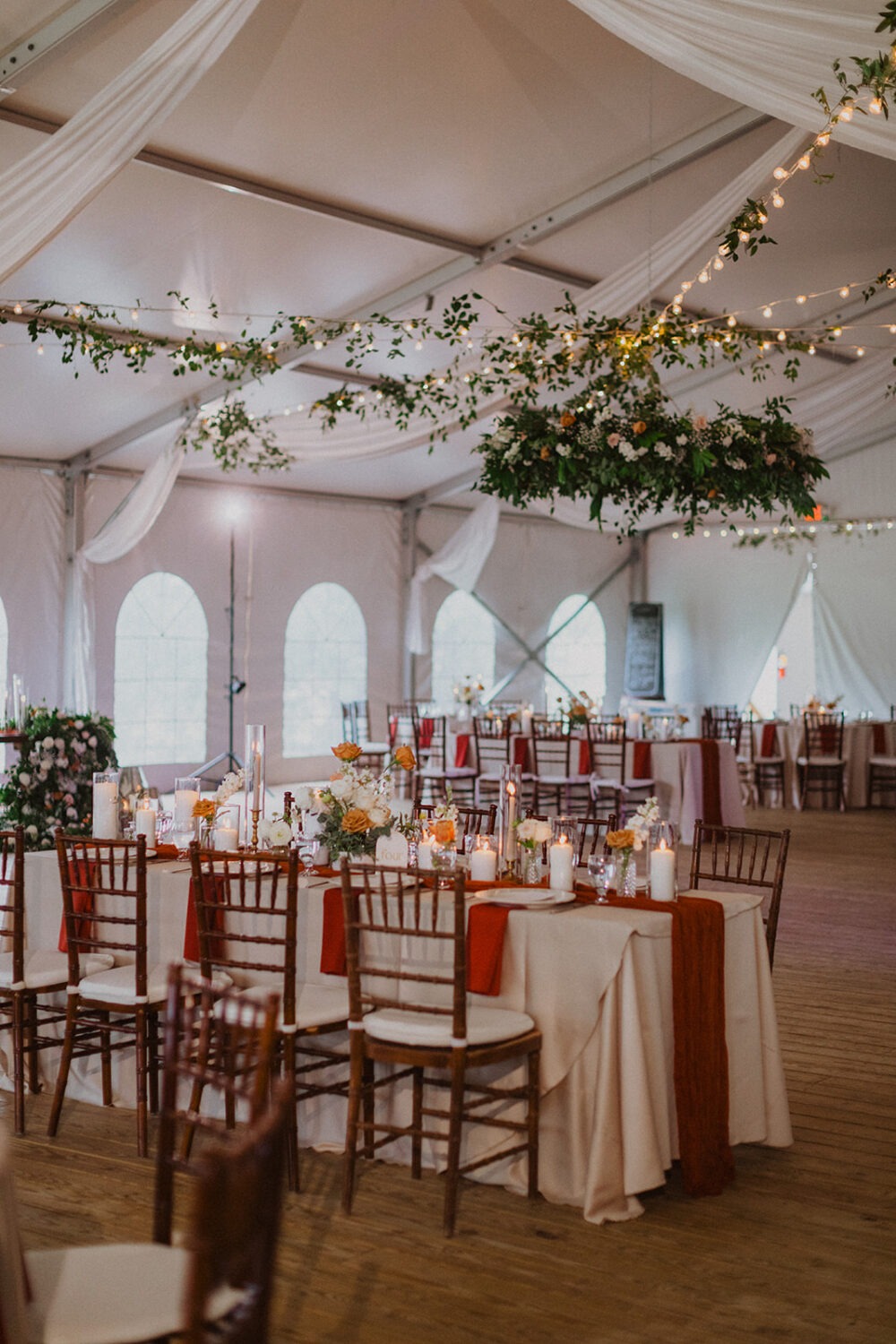 wedding greenery and florals at Walker's Overlook farm wedding venue
