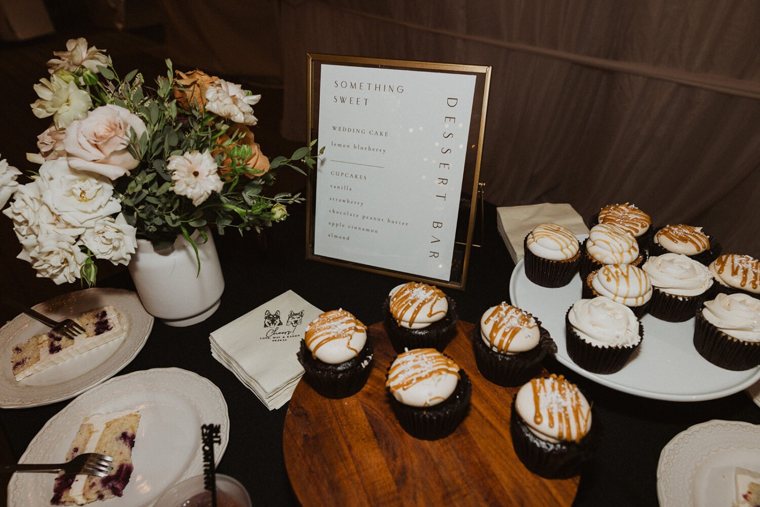 cupcakes and sliced cake for wedding reception
