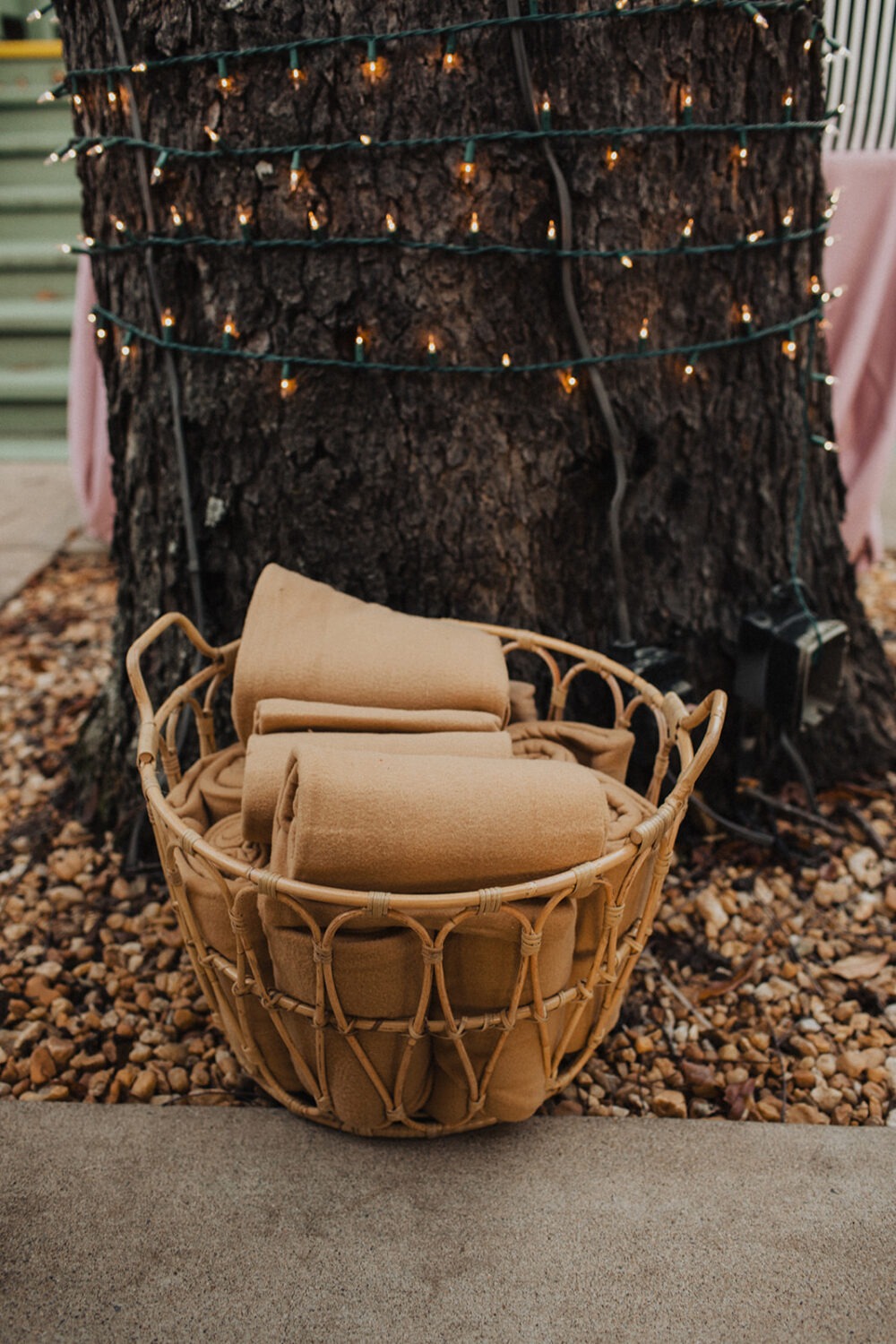 blankets in basket at wedding