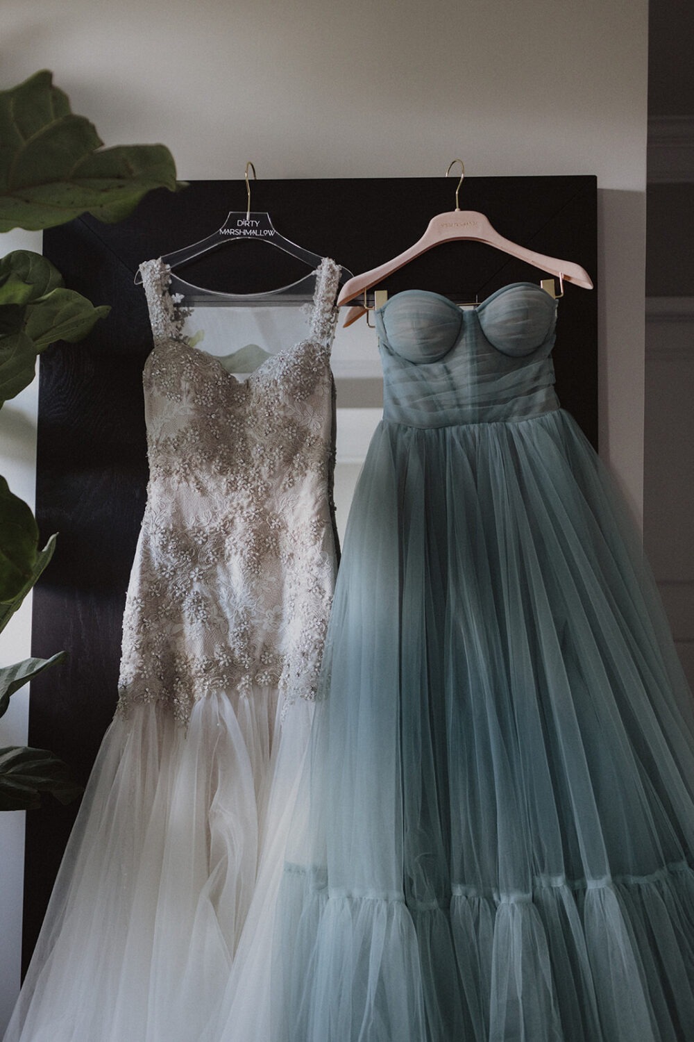 bride dress and blue bridesmaid dress