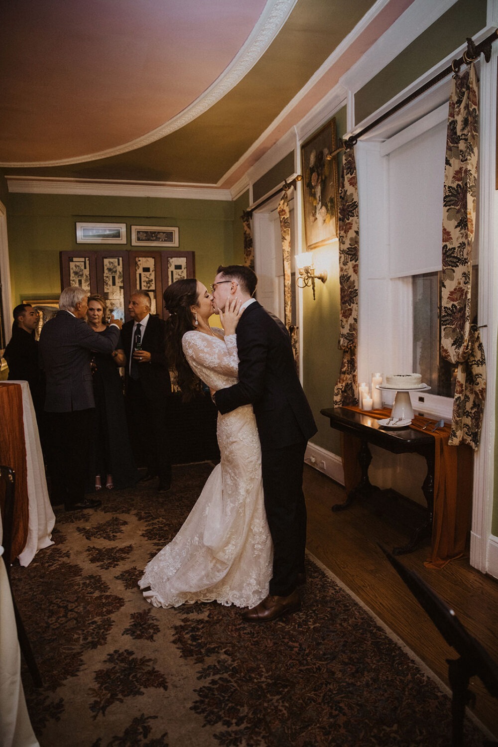 couple kisses during first dance at Tabard Inn