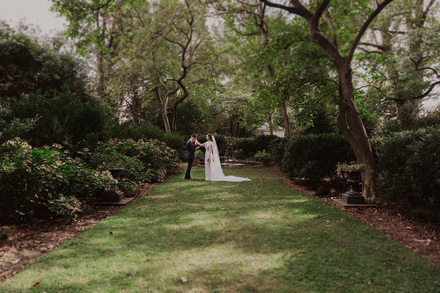 couple has first look in garden at Tudor Place Washington DC