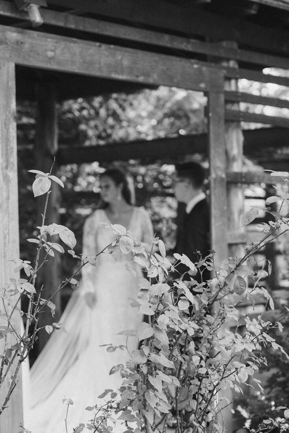 couple stands inside of garden gazebo 