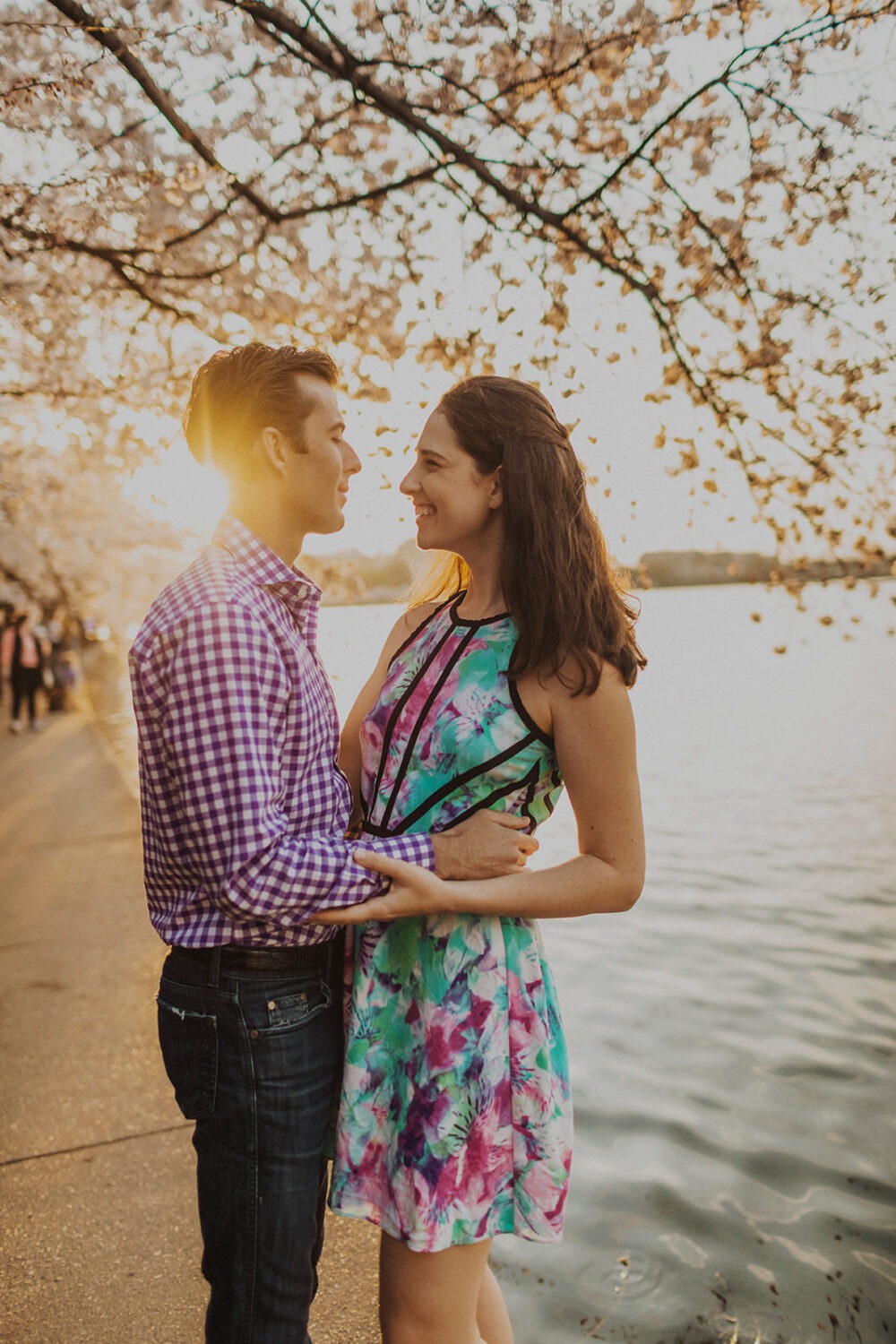 couple embraces under cherry blossoms at DC engagement session 