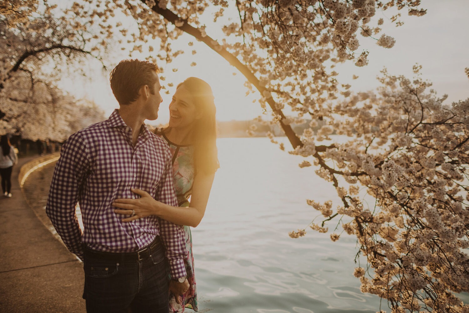 couple poses under cherry blossom at DC Tidal Basin engagement session 