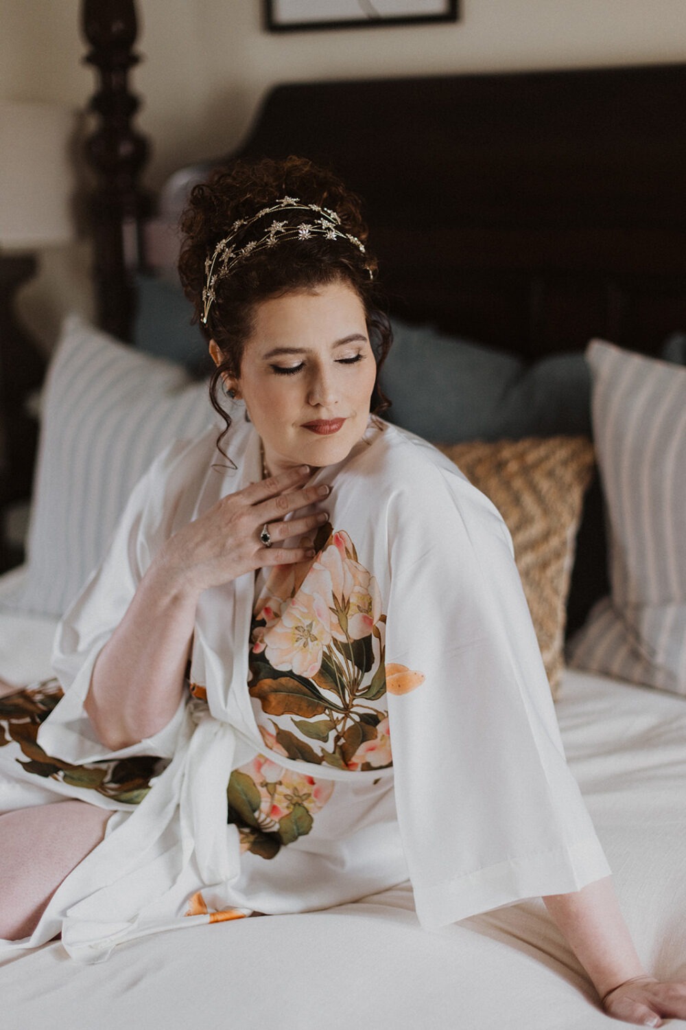 bride wears floral robe 