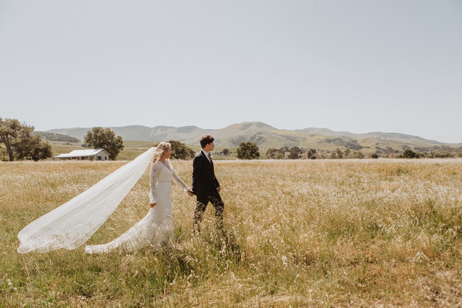 couple walks through field holding hands at outdoor wedding