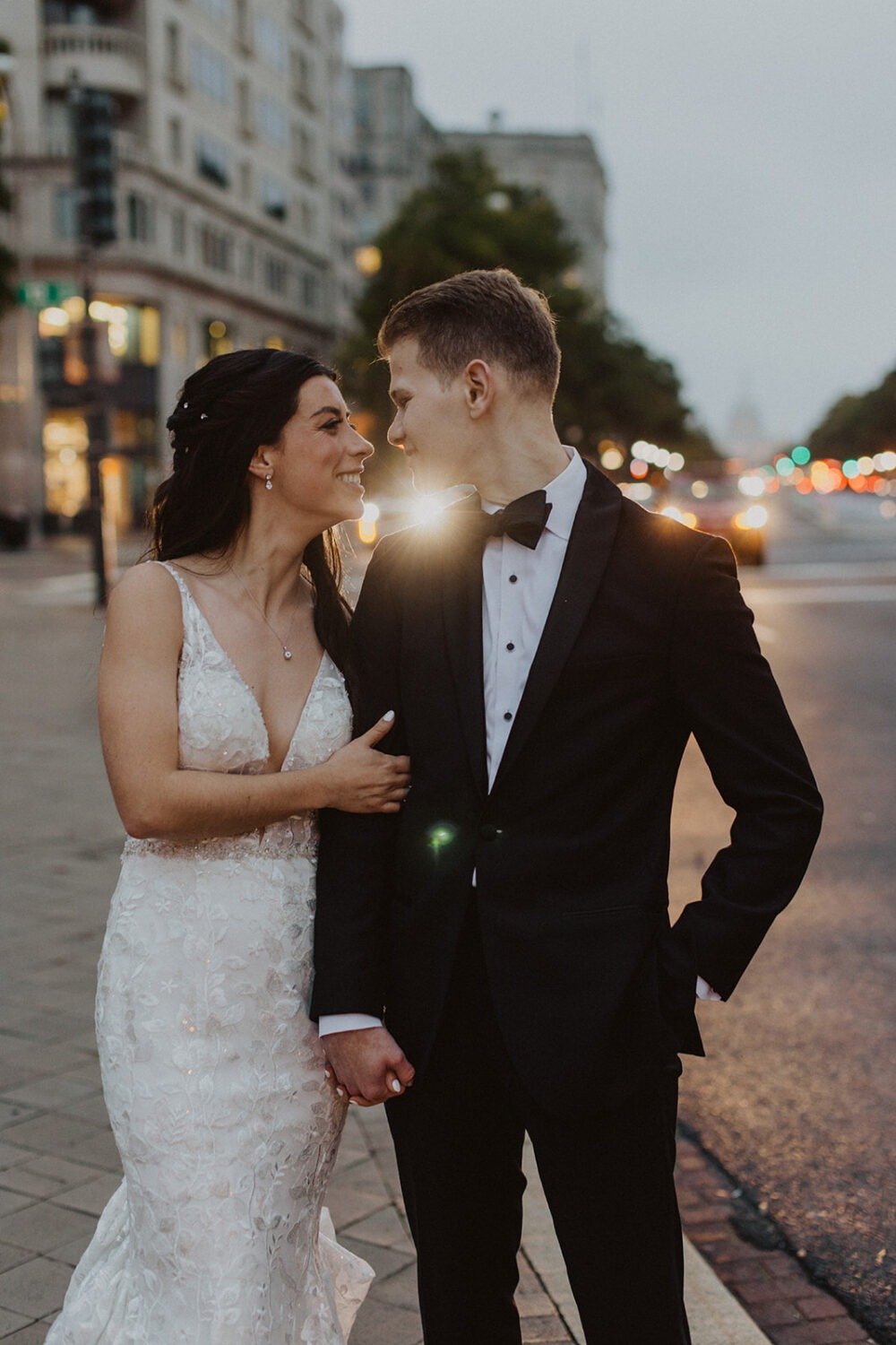 wedding couple walks through Washington DC 