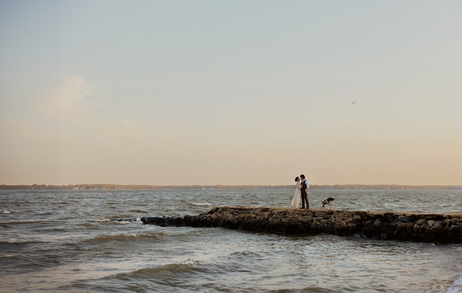 couple poses on rocks at beach photo shoot