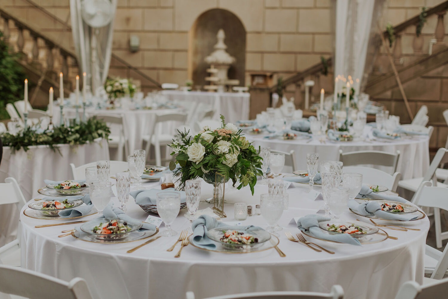 blue and gold table settings at Dumbarton House wedding