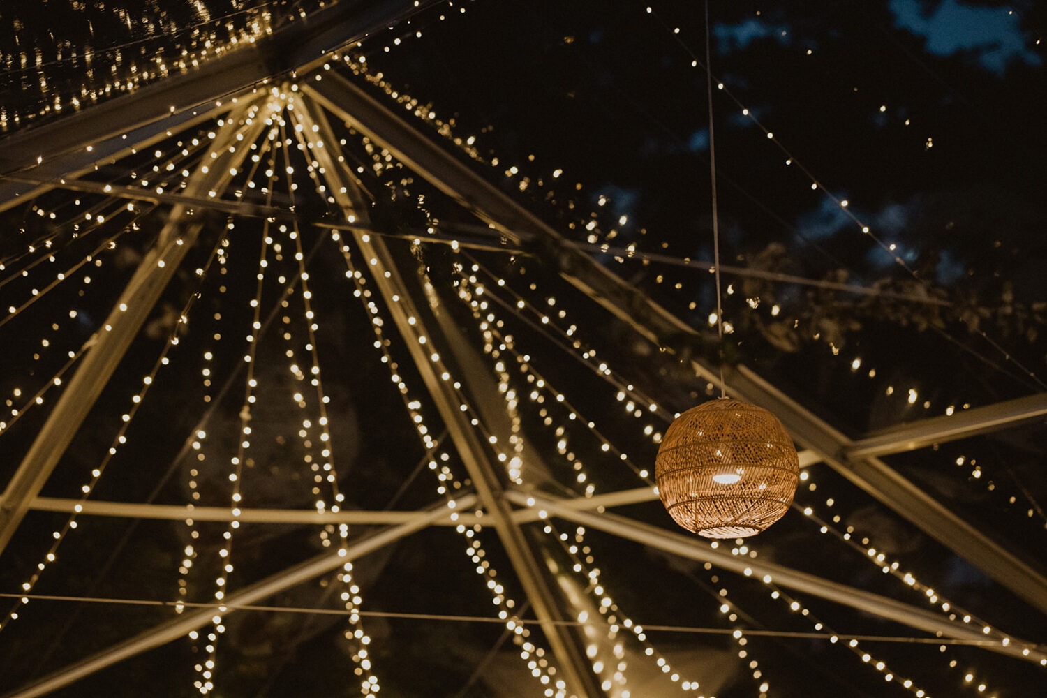 white twinkle lights at outdoor wedding with tent