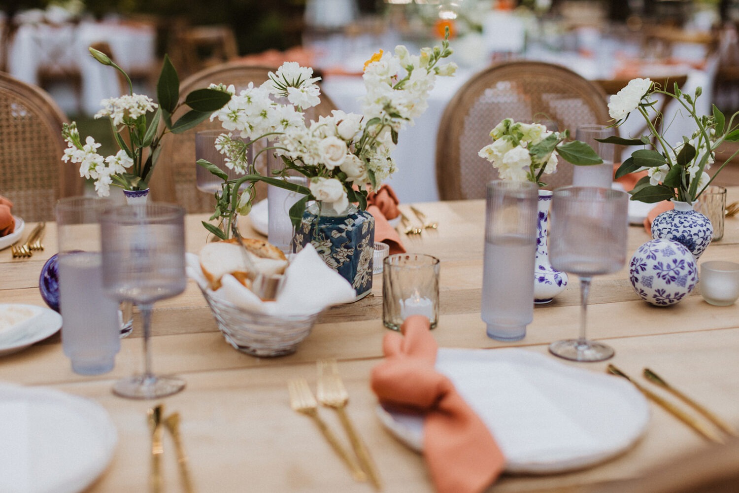 wedding decor table setting with white florals 