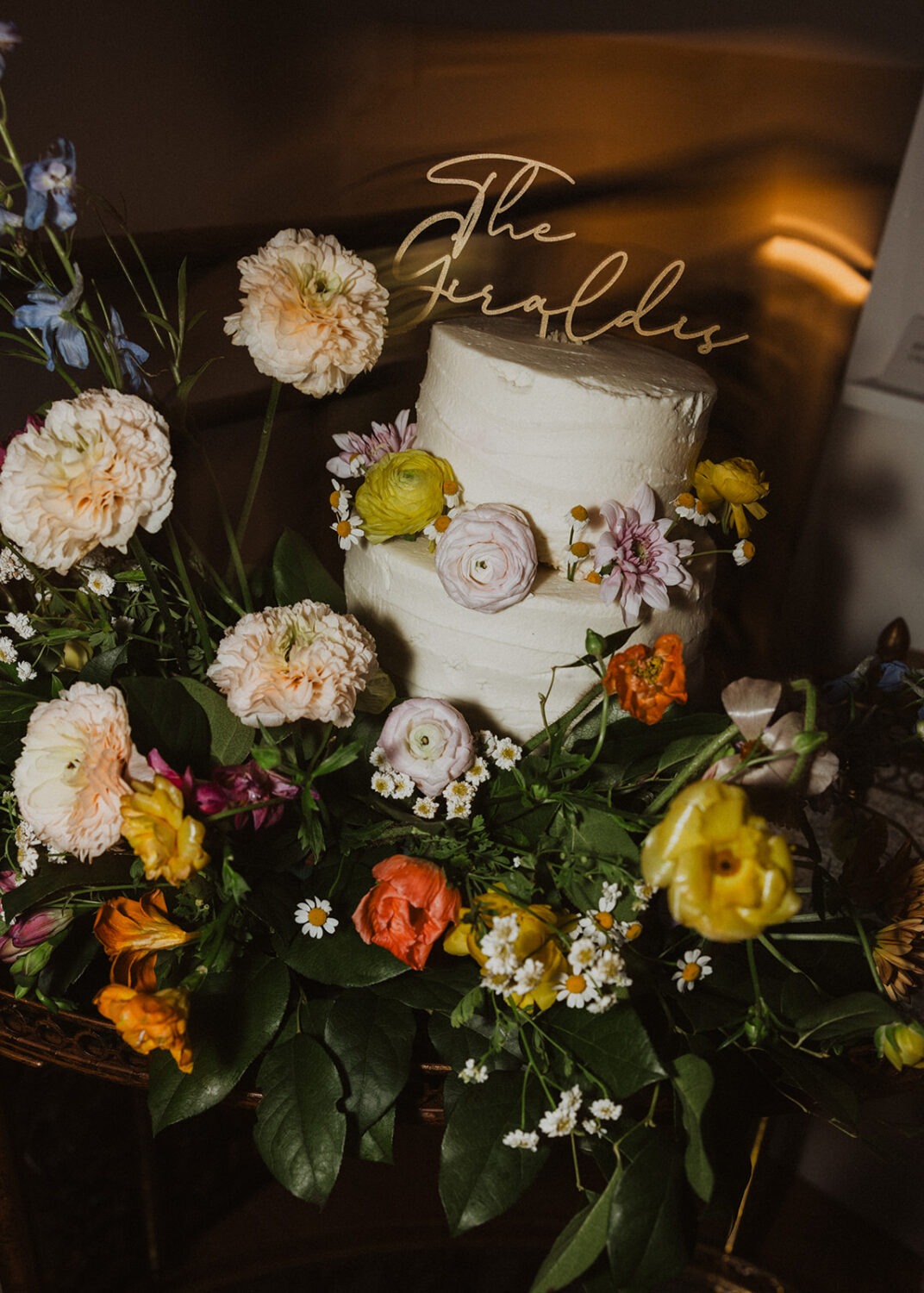 wedding cake with wildflower florals 