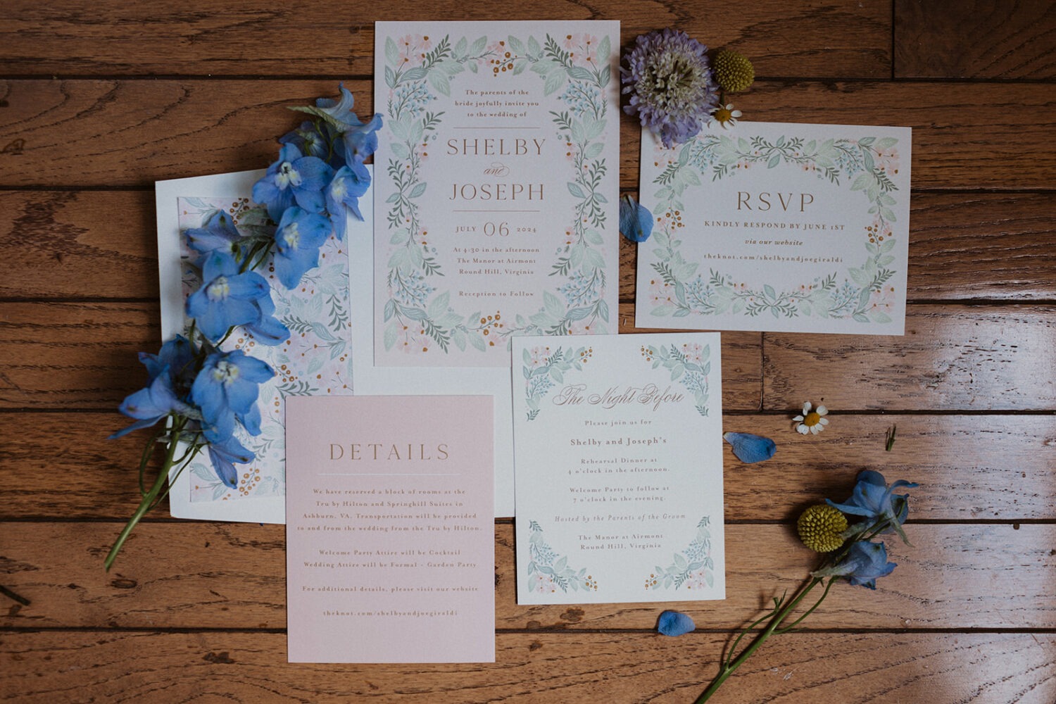 floral wedding invitations and florals flat lay