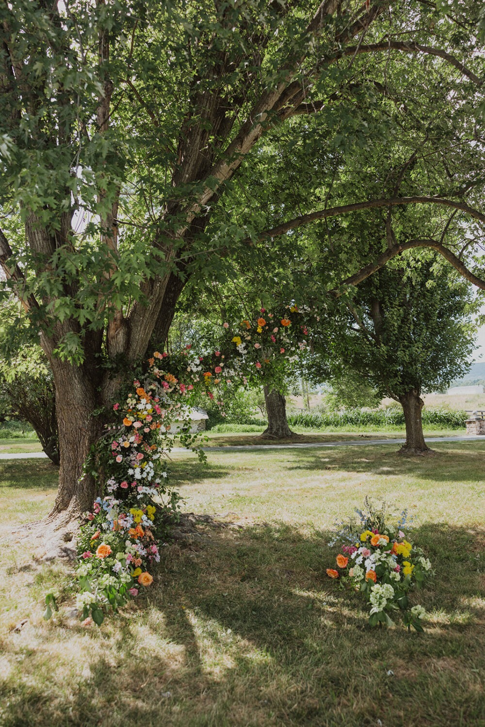 wedding flowers arch on tree at wedding venue