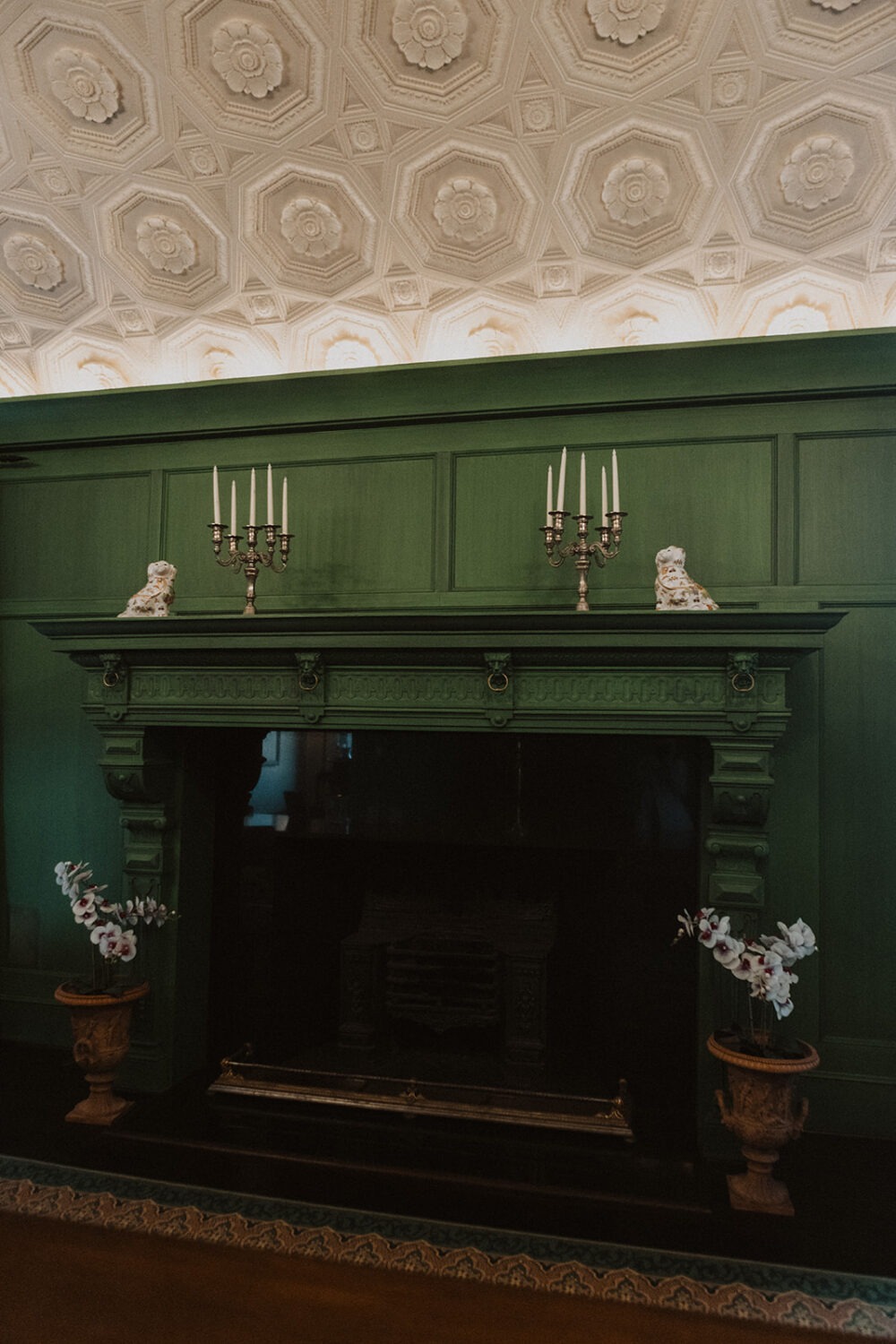 green fireplace at historic wedding estate