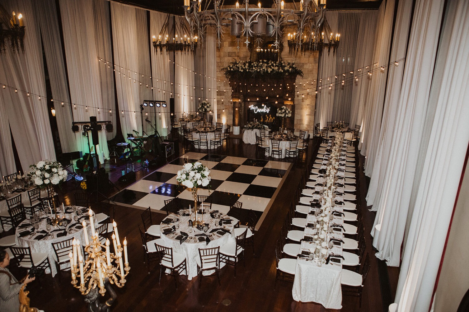 white and black wedding reception decor and florals