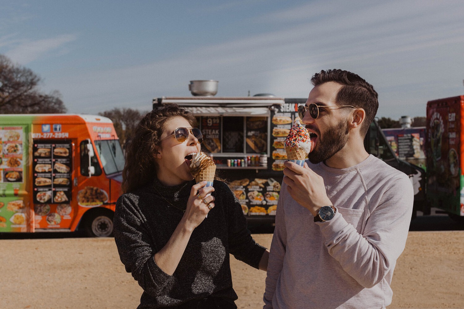 couple eats ice cream at outdoor DC engagement session