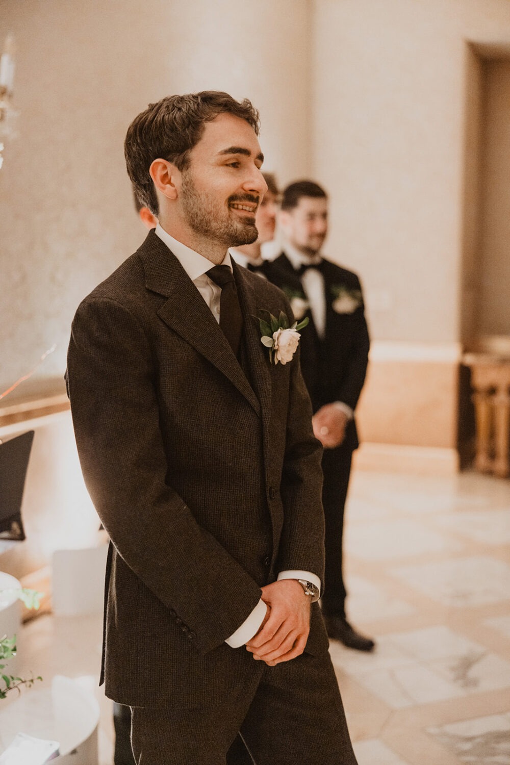 groom watches bride walk down aisle at St. Regis DC hotel