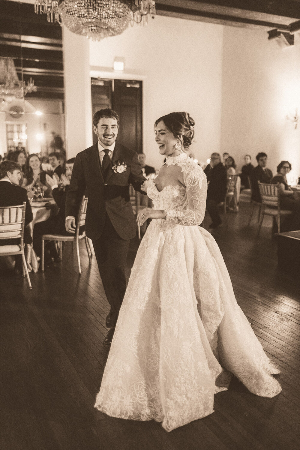 couple has first dance at ballroom wedding
