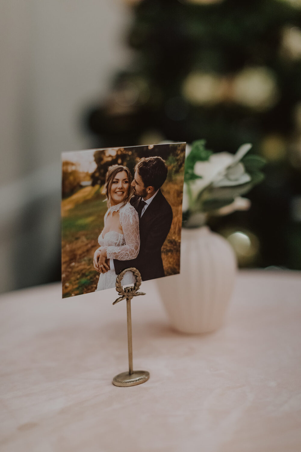 couples photos as decor on cocktail tables