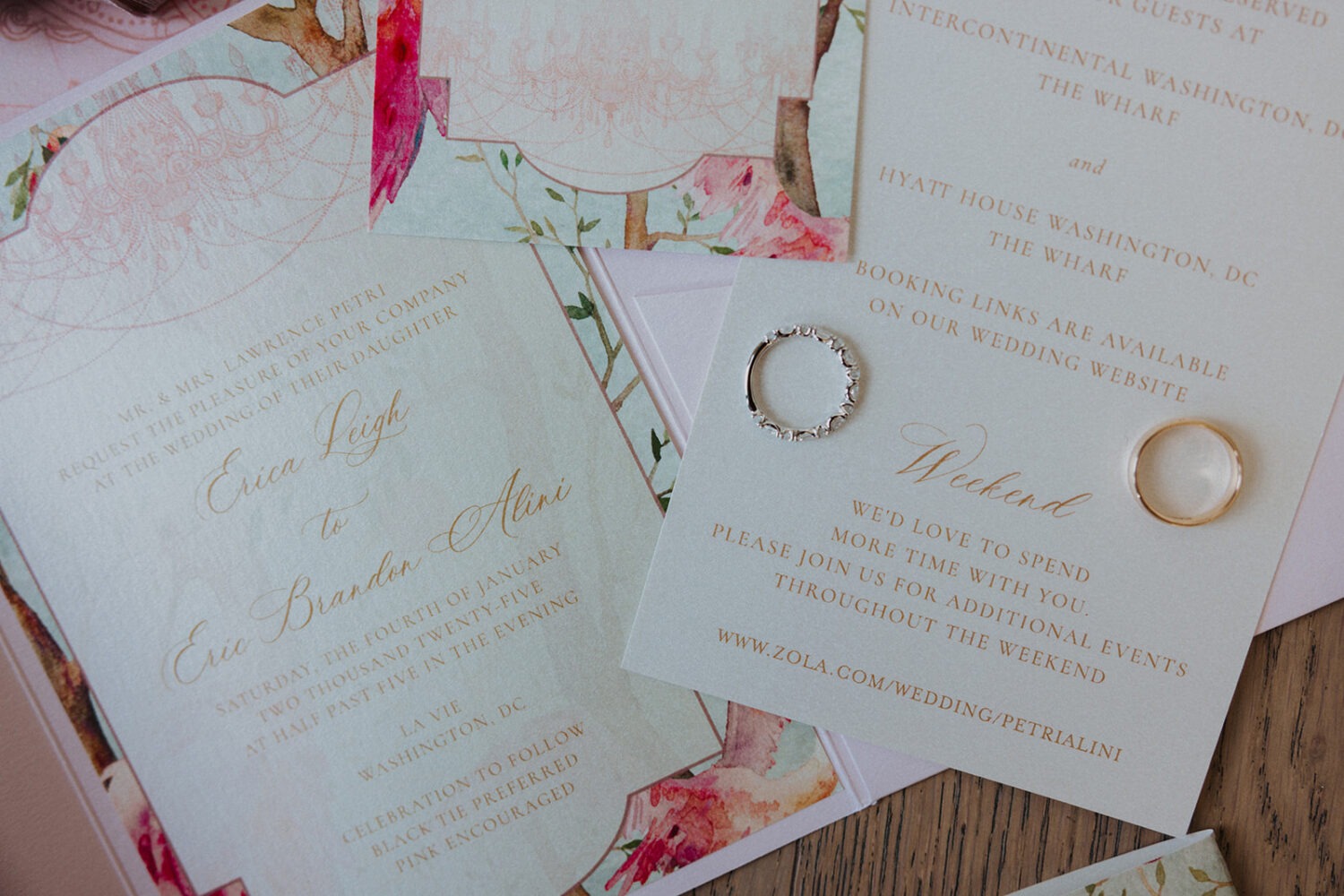 details of wedding invitation and rings
