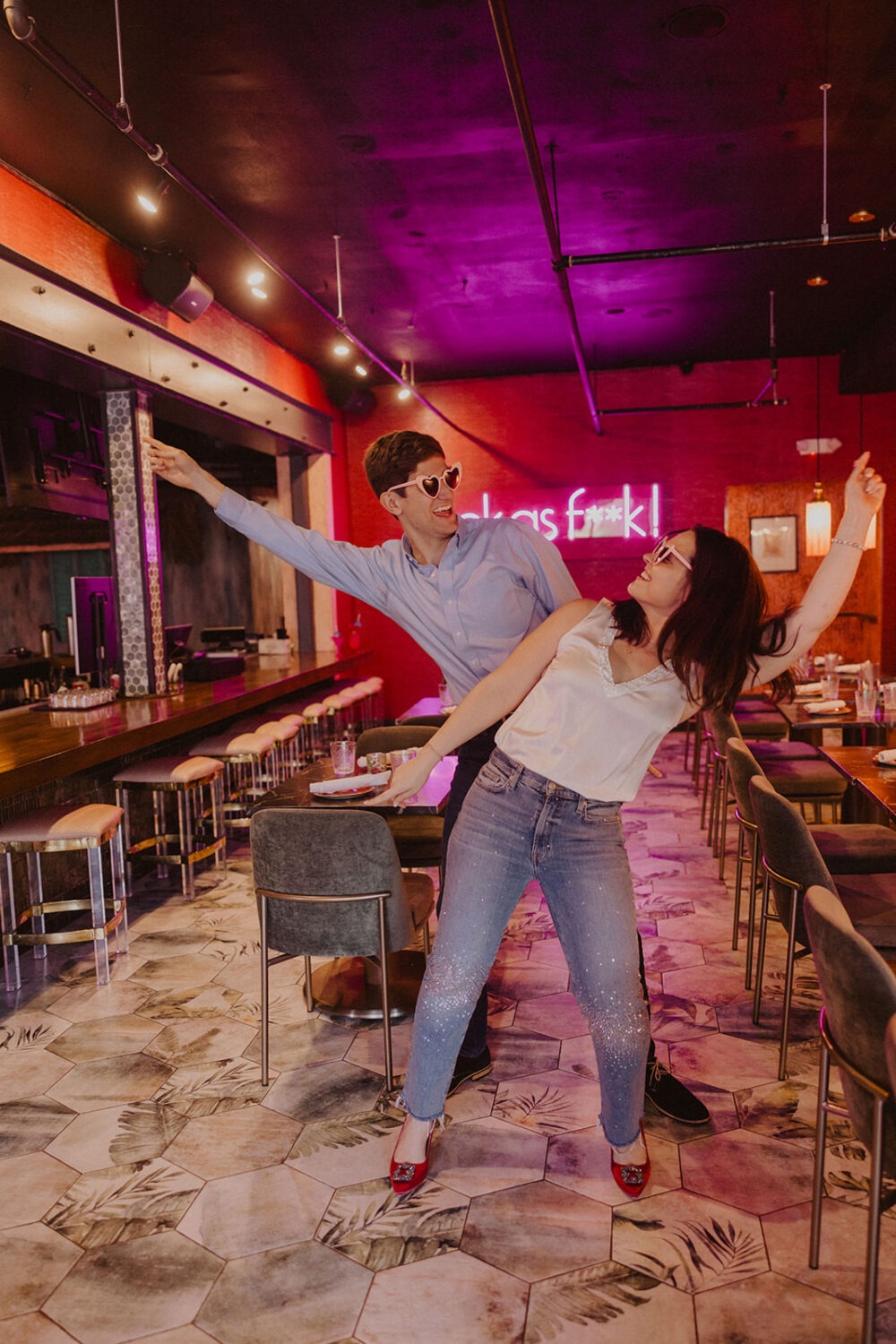 couple dancing during engagement shoot