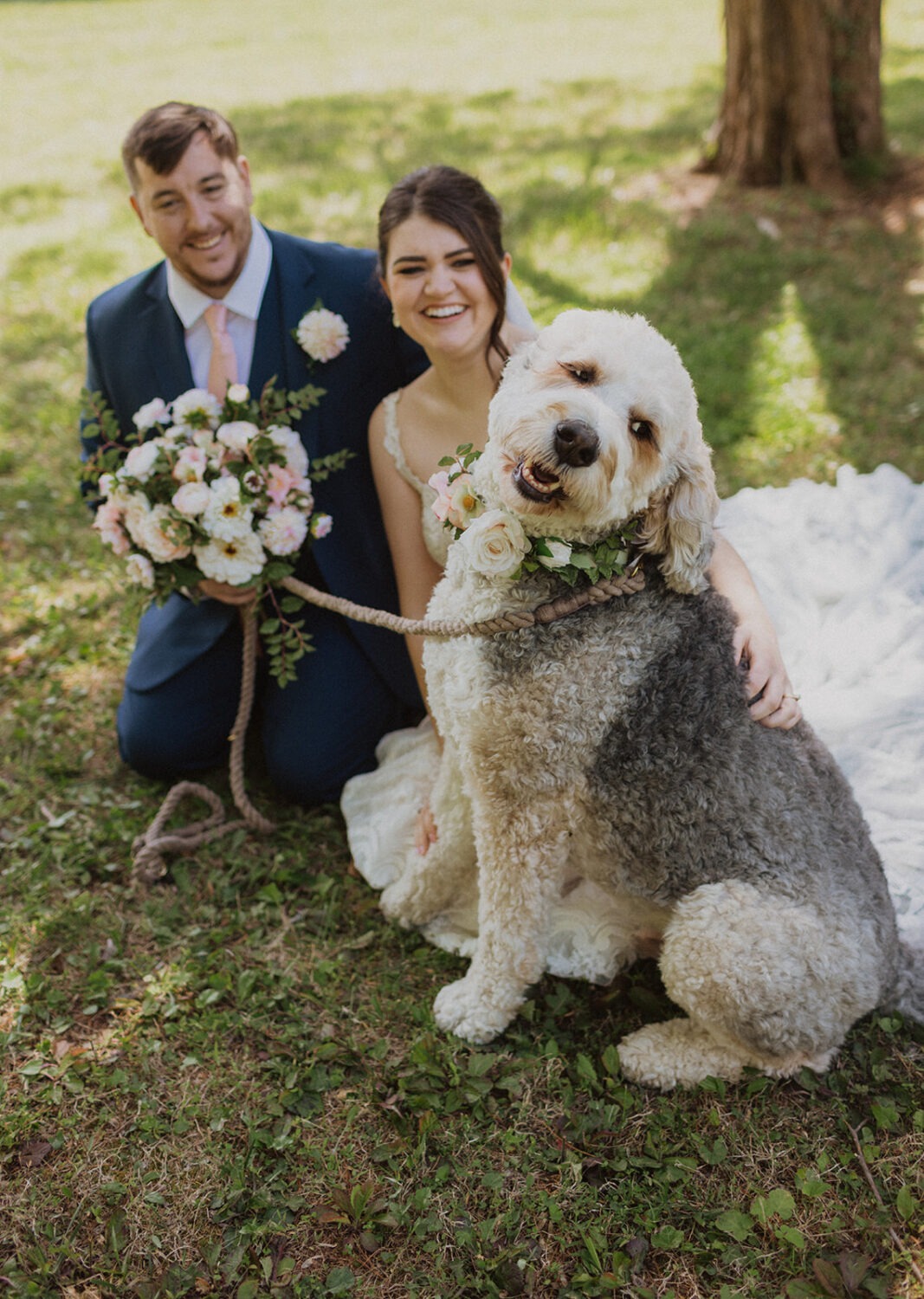 couple posing with their dog on their wedding day