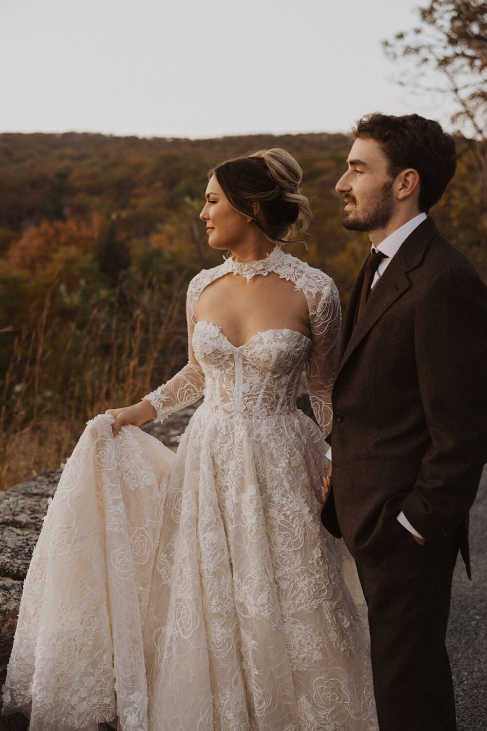 couple looking into the distance during pre-wedding photos at Shenandoah National Park