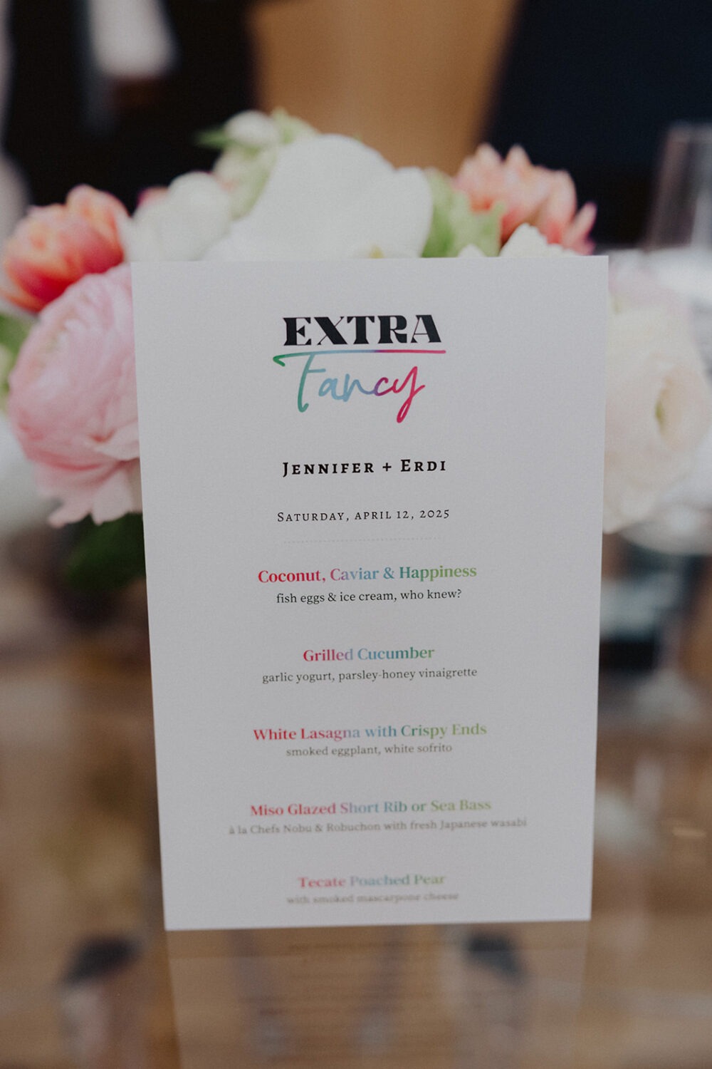 five course meal menu for reception by Extra Fancy team