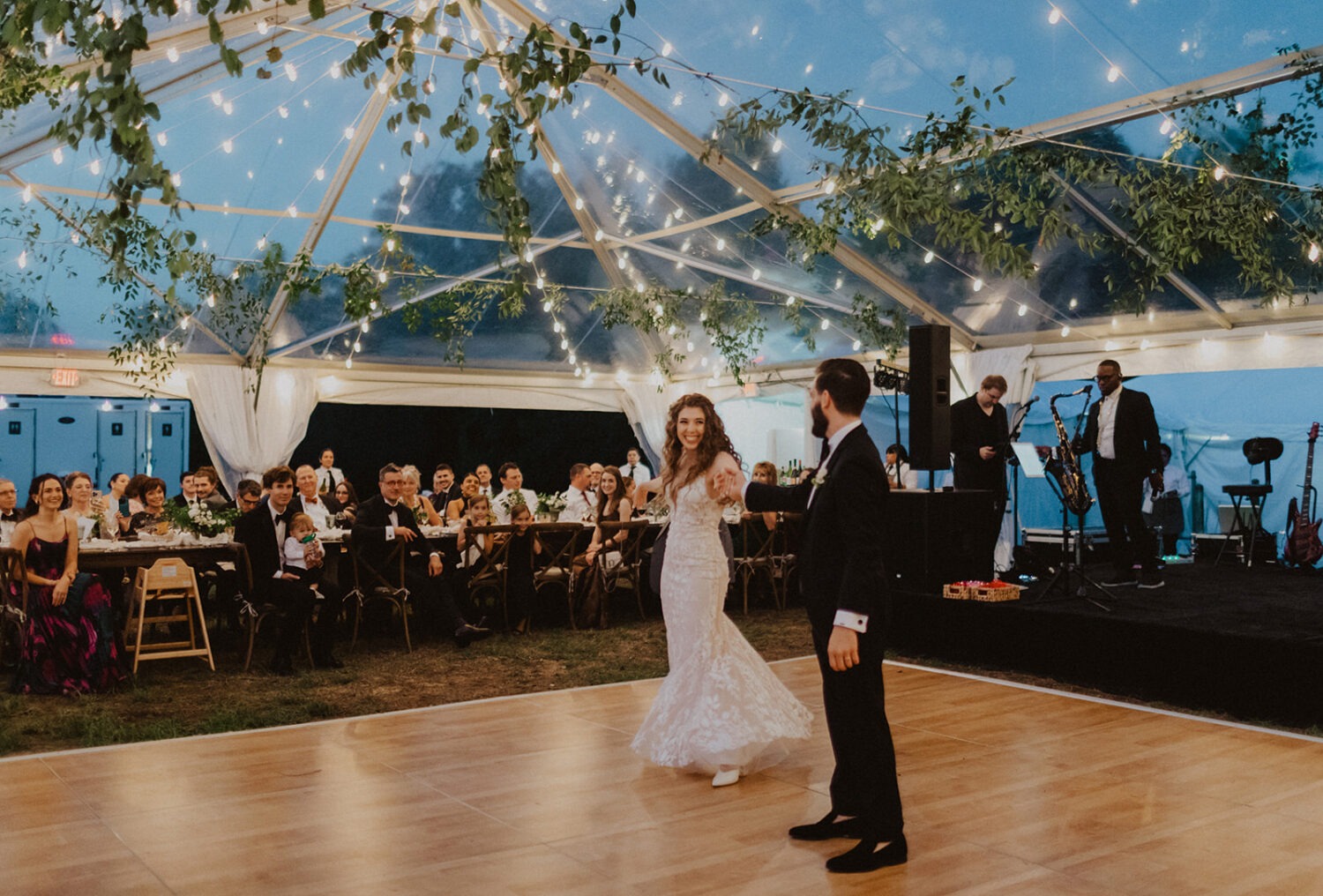 couple dance at reception during their National Arboretum wedding