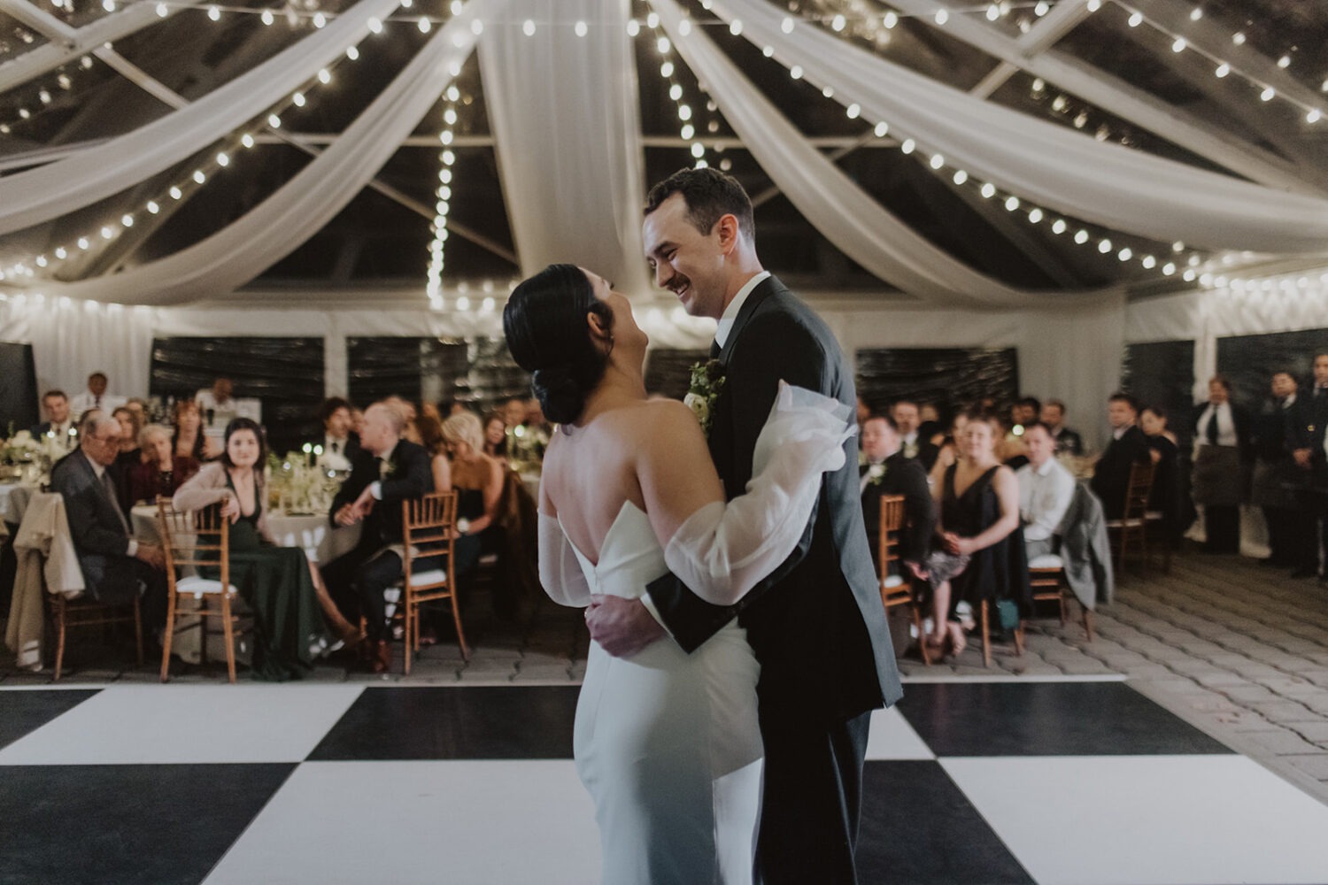couple dance at reception during their National Arboretum wedding