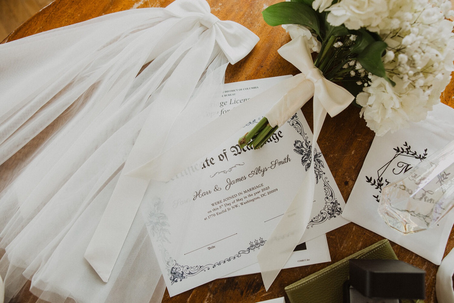 wedding details including bouquet, marriage license, and veil
