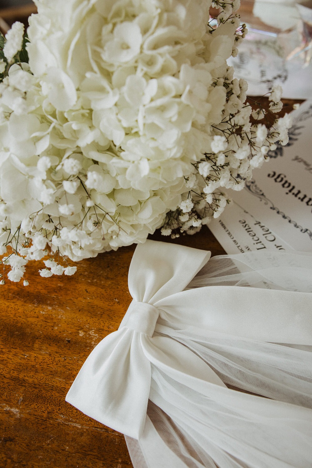 wedding details of bouquet and veil