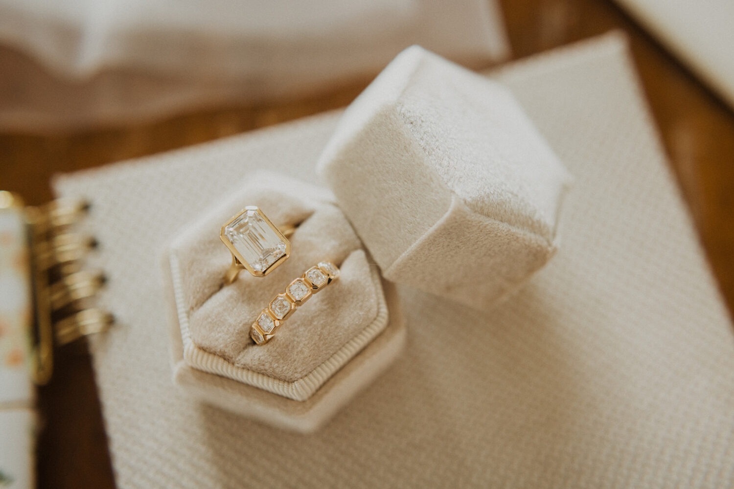 detail shot of engagement and wedding ring