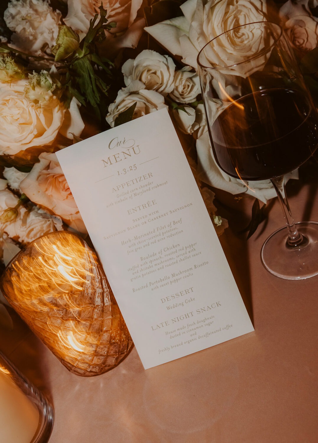 detail shot of food menu and glass of wine