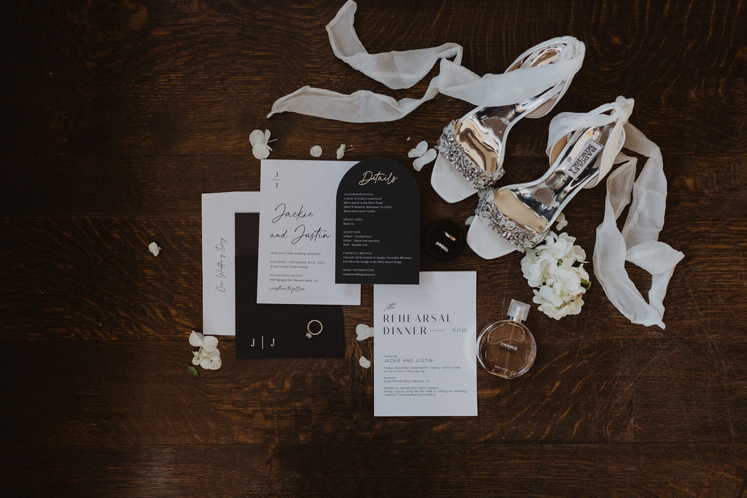wedding flat lay details with invitation, jewelry, and florals