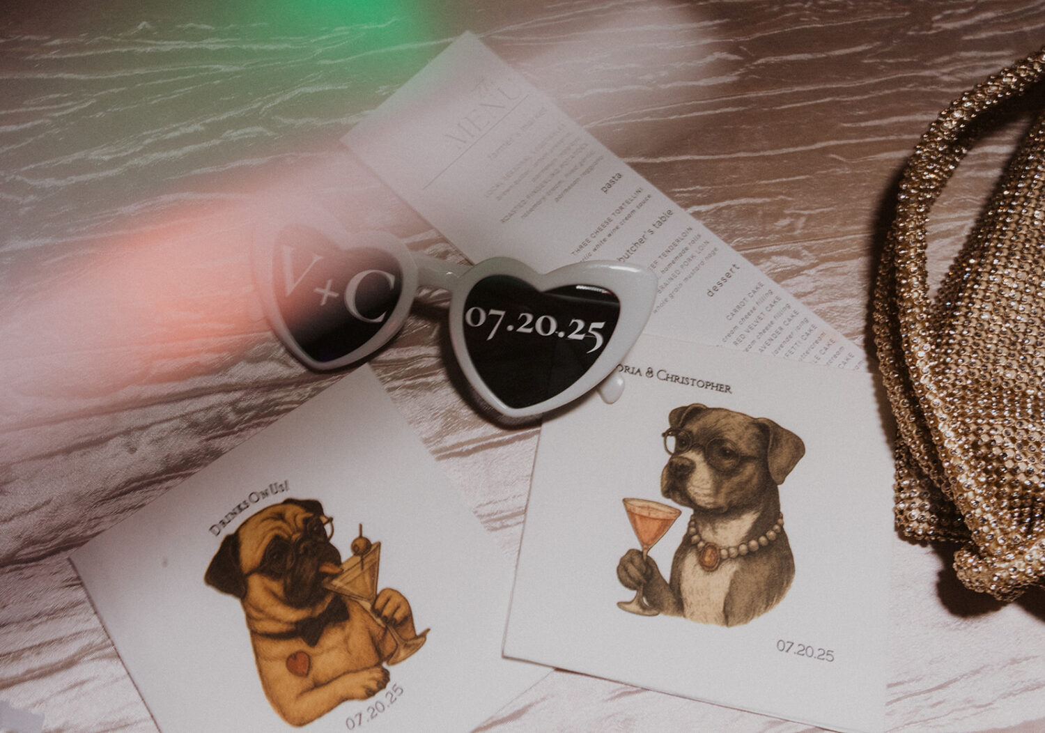 detail shot of cocktail napkins with dogs on them and themed sunglasses