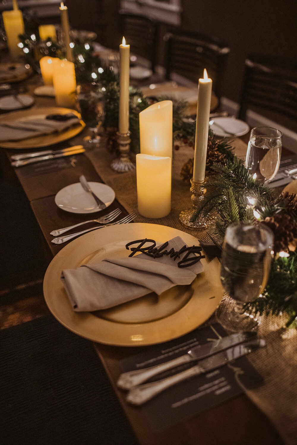 detail shot of table decor for Christmas wedding reception